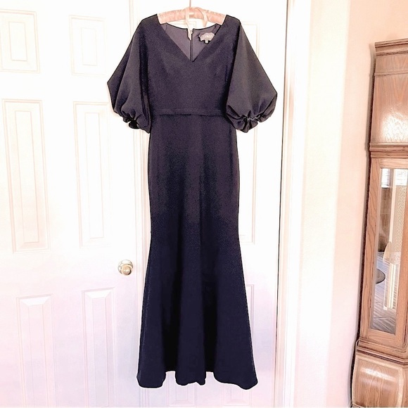 THEIA Navy Blue Puffy Sleeve Elegant Formal Maxi Dress Sz 4 - Picture 1 of 5